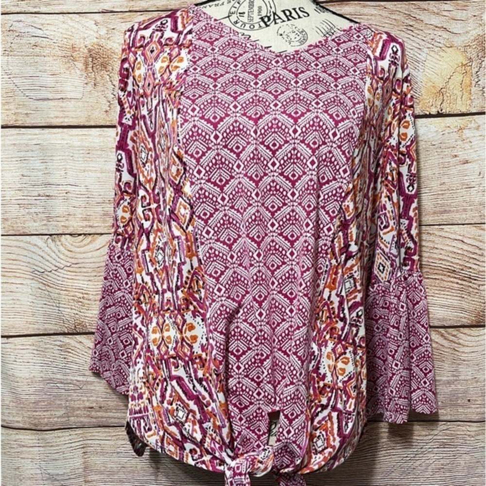 New Directions Bell Sleeve Front Tie Hem Mix Print Blouse Top Large